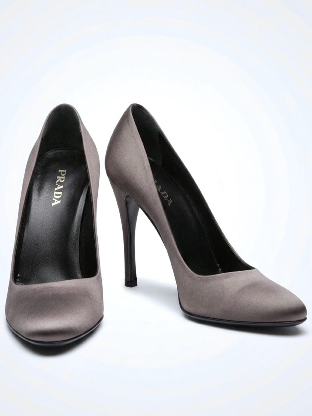 Prada Satin Almond-Toe Pumps, Gunmetal Grey/Silver, Stiletto Heel, 38.5, EUC